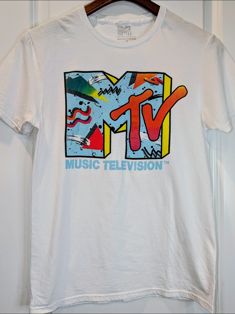 MTV Music Television Graphic Tee White Retro 80s Style T Shirt Size Small
